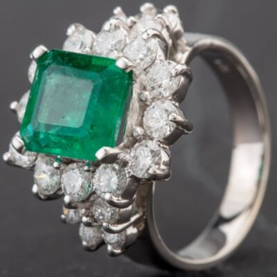Pre-Owned 18ct White Gold Square 3.00ct Emerald & 1.50ct Diamond Cluster Ring 4312040