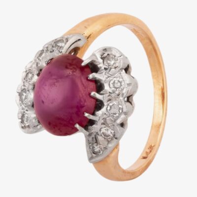 Pre-Owned 9ct Yellow Gold Cabochon Synthetic Star Ruby and Diamond Twist Ring 4312277
