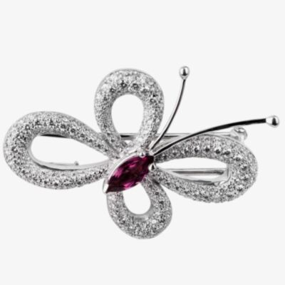 Pre-Owned 18ct White Gold Diamond and Pink Topaz Butterfly Brooch 4313095