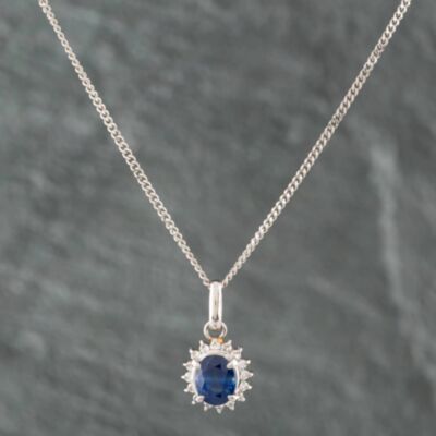 Pre-Owned Platinum 1.27ct Sapphire & 0.21ct Brilliant Cut Diamond Oval Pendant & 16 Inch Curb Chain 43141017