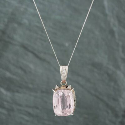Pre-Owned Platinum 22.10ct Kunzite & 0.12ct Brilliant Cut Diamond Large Cushion Pendant & 18 Inch Curb Chain 43141021