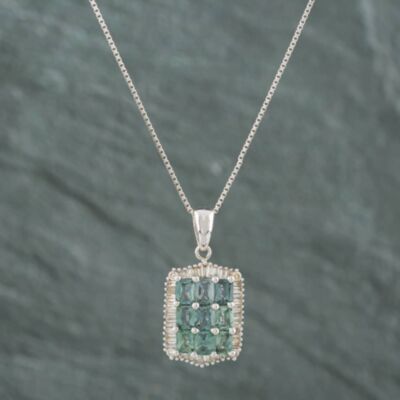 Pre-Owned 18ct White Gold 2.00ct Green Sapphire & 0.40ct Baguette Cut Diamond Oblong Pendant & 18 Inch Box Chain 43141030