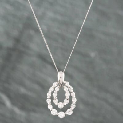 Pre-Owned Platinum 1.11ct Brilliant Cut Diamond Oval Two Row Pendant & 18 Inch Curb Chain 43141033