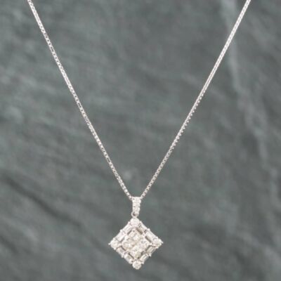 Pre-Owned 18ct White Gold 0.70ct Diamond Square Cluster Pendant & 16-18 Inch Box Chain 43141059