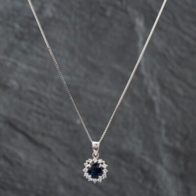 Pre-Owned Platinum Sapphire & Brilliant Cut Diamond Cushion Shape Cluster Pendant & 18 Inch Box Chain 43141064