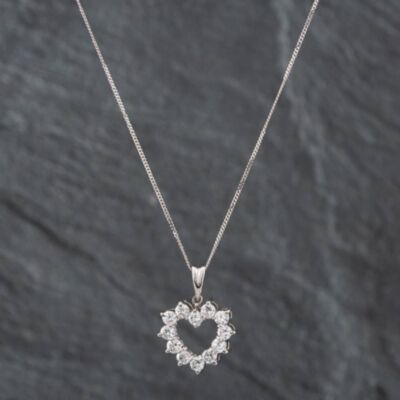 Pre-Owned Platinum 1.00ct Brilliant Cut Diamond Open Heart Pendant & 18 Inch Curb Chain 43141069