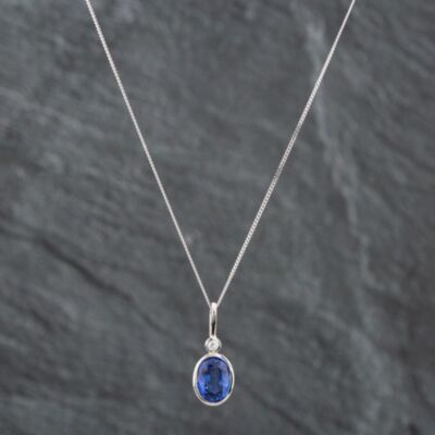Pre-Owned Platinum 2.31ct Sapphire & Brilliant Cut Diamond Rubover Oval Setting Pendant & 18 Inch Curb Chain 43141071
