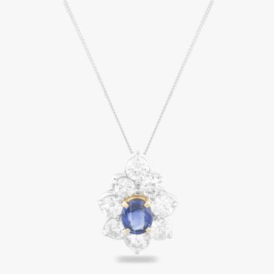 Pre-Owned 18ct Two Colour Gold 0.54ct Oval Cut Sapphire & 1.03ct Brilliant Cut Diamond Cluster Pendant & 18 Inch Curb Chain 43141072