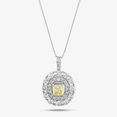 Pre-Owned Platinum Certificated 1.56ct Yellow & White Diamond Oval Cluster Pendant & 18 Inch Curb Chain 43141075