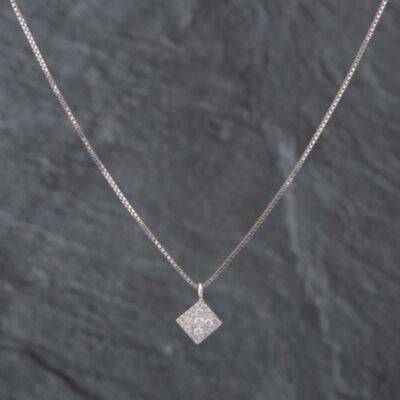 Pre-Owned 9ct White Gold Brilliant Cut Diamond Pave Square Cluster Pendant & 16 Inch Box Chain 43141087