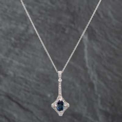 Pre-Owned 14ct White Gold Sapphire & Brilliant Cut Diamond Pendant & 16 Inch Trace Chain 43141090