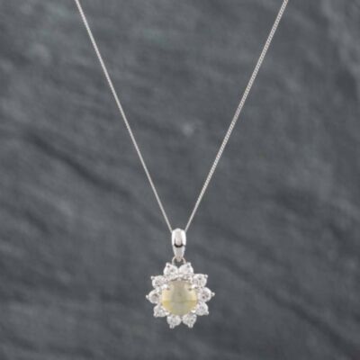 Pre-Owned Platinum Certificated 1.35ct Round Chrysoberyl Cats Eye & 0.60ct Brilliant Cut Diamond Cluster Pendant & 18 Inch Curb Chain 43141096