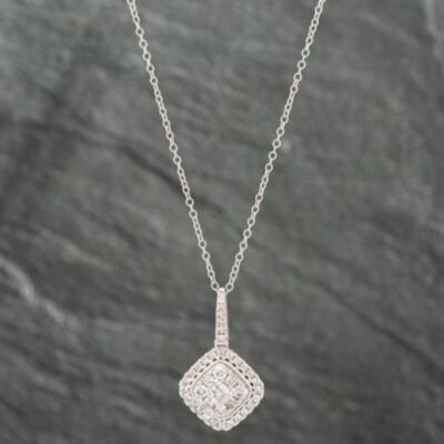 Pre-Owned 9ct White Gold 1.00ct Brilliant Cut Diamond Square Shaped Cluster Pendant & 18 Inch Trace Chain 43141163