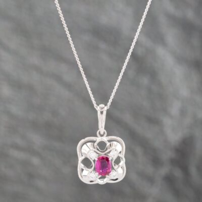 Pre-Owned Platinum 0.38ct Ruby & 0.08ct Brilliant Cut Diamond Oval Pendant & 18 Inch Curb Chain 43141185