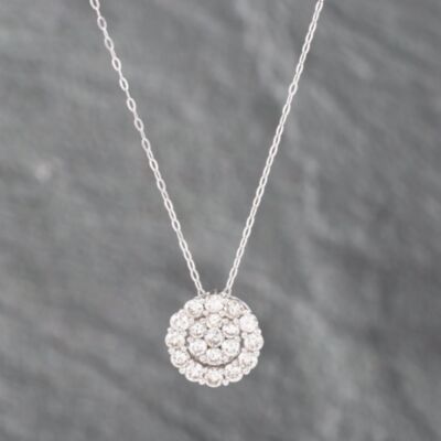 Pre-Owned 18ct White Gold 1.00ct Brilliant Cut Diamond Halo Cluster Pendant & 16-18 Inch Trace Chain 43141188