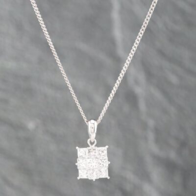 Pre-Owned Platinum 1.00ct Princess Cut Diamond Square Nine Stone Cluster Pendant & 16 Inch Curb Chain 43141194