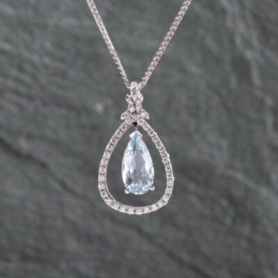 Pre-Owned 14ct White Gold 1.75ct Aquamarine & 0.35ct Brilliant Cut Diamond Tear Drop Pendant & 20 Inch Foxtail Chain 43141226