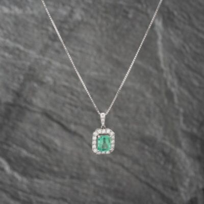 Pre-Owned Platinum 1.66ct Emerald & 0.47ct Brilliant Cut Diamond Cushion Shape Cluster Pendant & 16-18 Inch Box Chain 43141234