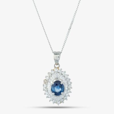 Pre-Owned Platinum Sapphire & 1.11ct Diamond Oval Cluster Pendant & 16 Inch Trace Chain 43141236