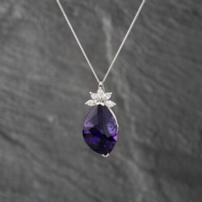 Pre-Owned Platinum 13.89ct Amethyst & 0.58ct Marquise Cut Diamond Pendant & 16 Inch Curb Chain 43141247