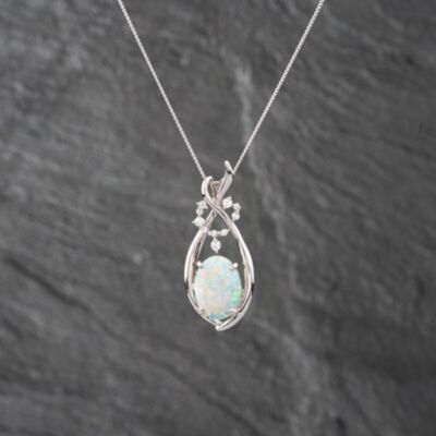 Pre-Owned Platinum 2.35ct Opal & 0.21ct Brilliant Cut Diamond Fancy Pendant & 16 Inch Curb Chain 43141248