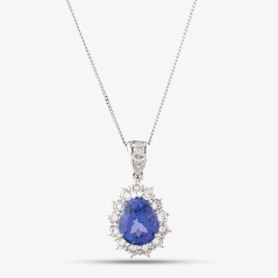 Pre-Owned Platinum 2.84ct Tanzanite & 0.65ct Brilliant Cut Diamond Tear Drop Pendant & 16 Inch Curb Chain 43141253