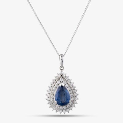 Pre-Owned Platinum 2.47ct Tanzanite & 0.71ct Brilliant Cut Diamond Tear Drop Pendant & 15 Inch Curb Chain 43141256