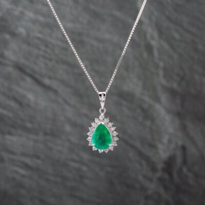 Pre-Owned Platinum 3.08ct Emerald & 0.62ct Brilliant Cut Diamond Pear Shaped Pendant & 18 Inch Box Chain 43141258
