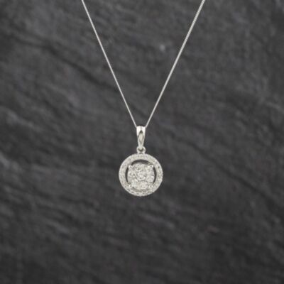 Pre-Owned 9ct White Gold 0.50ct Brilliant Cut Diamond Halo Cluster Pendant & 18 Inch Curb Chain 43141322
