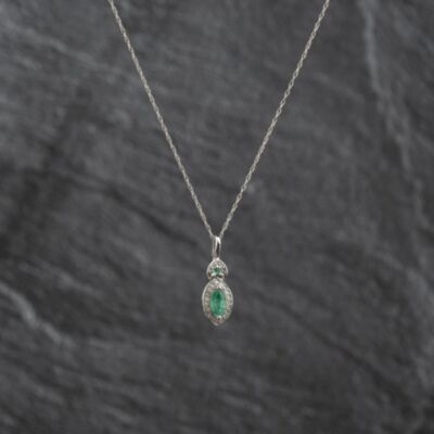 Pre-Owned 14ct White Gold Emerald & 0.08ct Brilliant Cut Diamond Marquise Cluster Gemstone Pendant & 18 Inch Prince Of Wales Chain 43141359