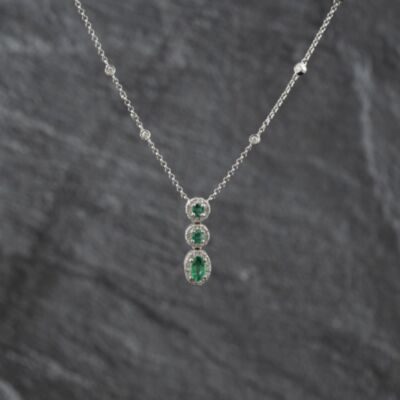 Pre-Owned 9ct White Gold Emerald & Brilliant Cut Diamond Graduated Triple Cluster Gemstone Pendant & 16 Inch Trace Chain 43141360