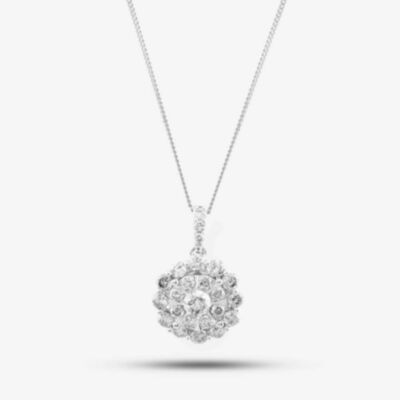 Pre-Owned 9ct White Gold 1.00ct Diamond Cluster Pendant & 18 Inch Curb Chain 4314171