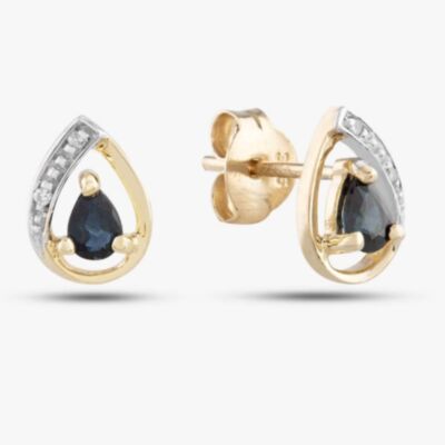 Pre-Owned 9ct Yellow Gold 0.12ct Sapphire & 0.05ct Brilliant Cut Diamond Pear Shaped Stud Earrings 43170028