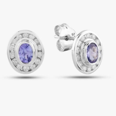 Pre-Owned 9ct White Gold 0.14ct Tanzanite & 0.50ct Diamond Oval Stud Earrings 43170088