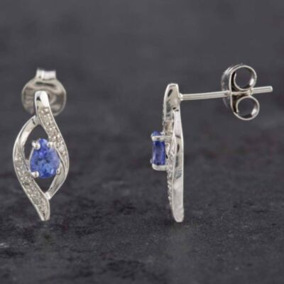 Pre-Owned 9ct White Gold 0.14ct Tanzanite & Diamond Swirl Stud Earrings 43170095