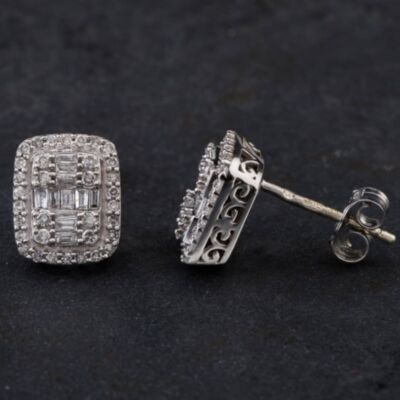 Pre-Owned 9ct White Gold 0.50ct Diamond Oblong Baguette And Brillant Stud Earrings 4317096