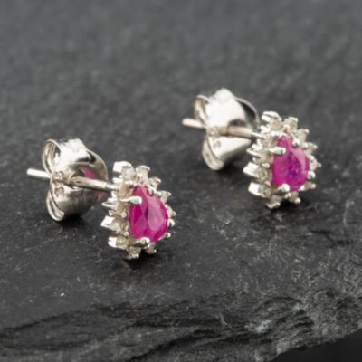 Pre-Owned White Gold 0.38ct Pear Cut Ruby & 0.09ct Brilliant Cut Diamond Cluster Stud Earrings 43171095