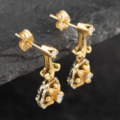 Pre-Owned 9ct Two Colour Gold Brilliant Cut Diamond Flower Dropper Earrings 43171117