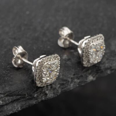 Pre-Owned 14ct White Gold 1.00ct Brilliant Cut Diamond Square Halo Stud Earrings 43171133
