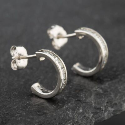 Pre-Owned 14ct White Gold 11mm 0.50ct Princess Cut Diamond Half Hoop Earrings 43171162