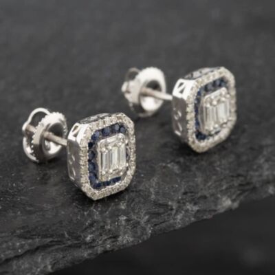 Pre-Owned 14ct White Gold 0.40ct Sapphire & 0.50ct Diamond Oblong Stud Earrings 43171164