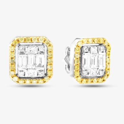 Pre-Owned 18ct White Gold Yellow & White Diamond Cushion Shape Stud Earrings 43171173