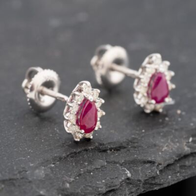 Pre-Owned 14ct White Gold 0.72ct Ruby & 0.30ct Diamond Teardrop Cluster 8mm Stud Earrings 43171204