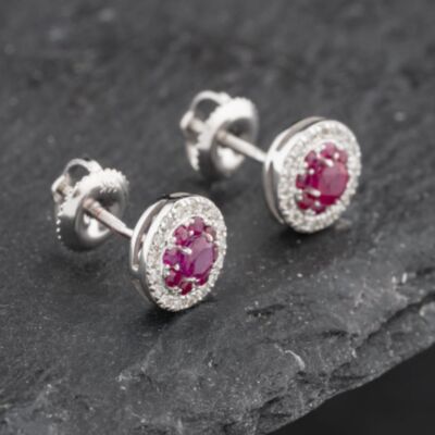 Pre-Owned 14ct White Gold 0.60ct Ruby & 0.25ct Brilliant Cut Diamond Round Cluster Stud Earrings 43171223