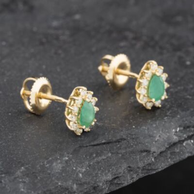 Pre-Owned 14ct Yellow Gold 0.70ct Emerald & 0.30ct Brilliant Cut Diamond Teardrop 8mm Stud Earrings 43171226