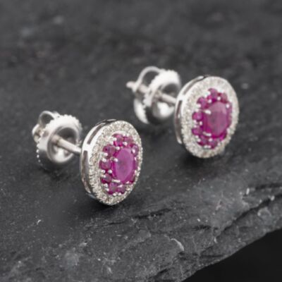 Pre-Owned 14ct White Gold 0.70ct Ruby & 0.25ct Diamond Oval 9mm Stud Earrings 43171229