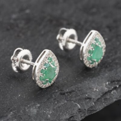 Pre-Owned 14ct White Gold 0.75ct Emerald & 0.20ct Brilliant Cut Diamond Teardrop 10mm Stud Earrings 43171234
