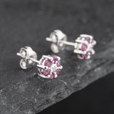 Pre-Owned 9ct White Gold 0.58ct Ruby & Diamond Round Cluster Stud Earrings 43171237
