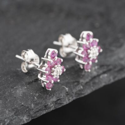 Pre-Owned 9ct White Gold 0.74ct Ruby & Diamond Marquise Shape Cluster 9mm Stud Earrings 43171243
