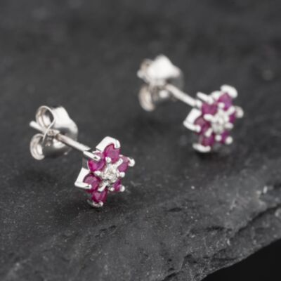 Pre-Owned 9ct White Gold 0.54ct Ruby & Diamond Flower Cluster Stud Earrings 43171249